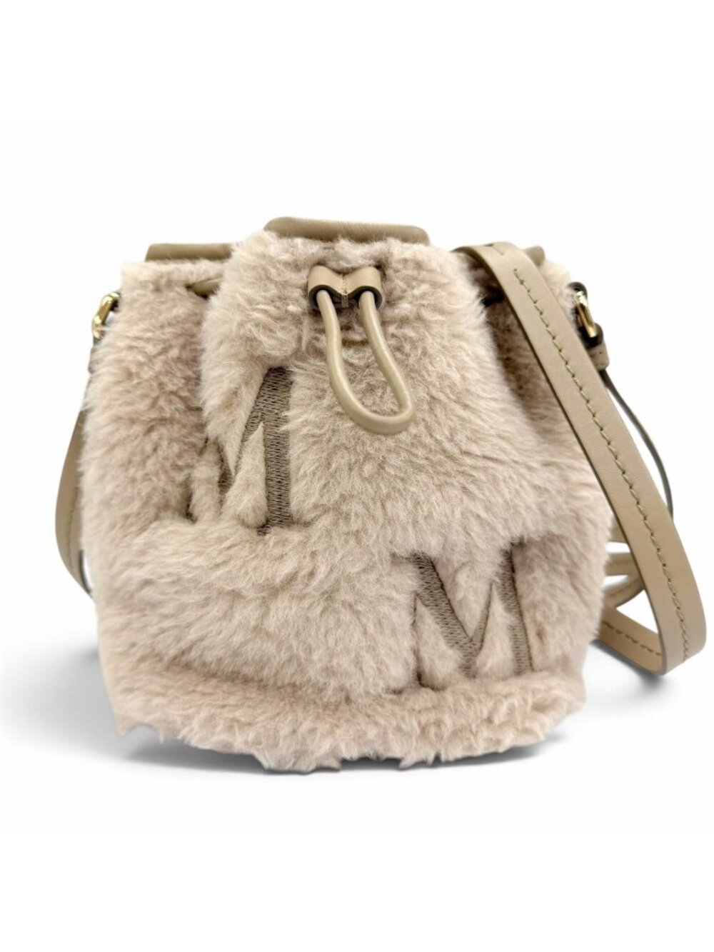 Max Mara Teddy Bucket Bag Logo Embroidery Leather Beige